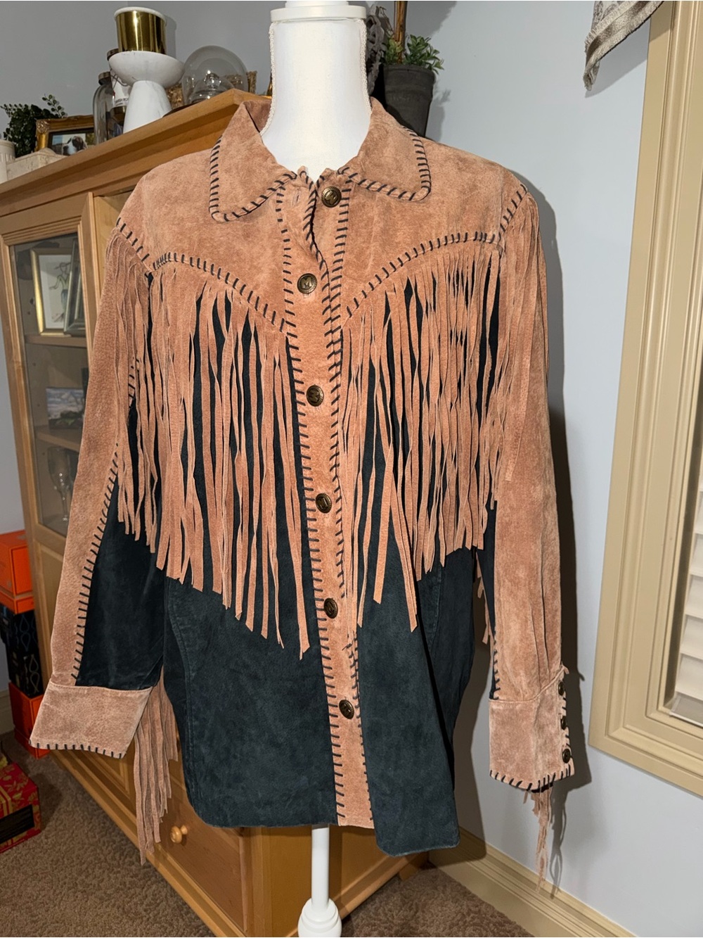 80s Bob Mackie Vintage Fringed Leather Suede Western Jacket Brown & Black Size L - Picture 10 of 15